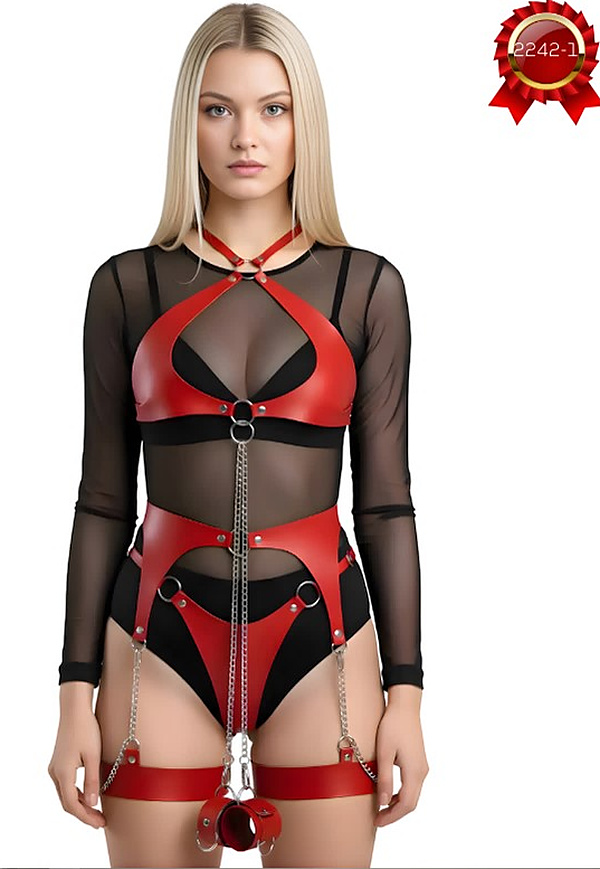 Tül Kollu Harness Body - Siyah-Kırmızı