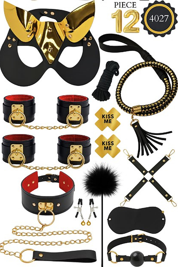 12 Parça Altın Halkalı Kedi Maskeli Fantezi Set - Siyah-Altın