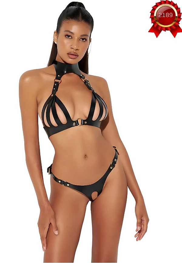 Kafes Sütyenli Deri Bikini Takım - Siyah