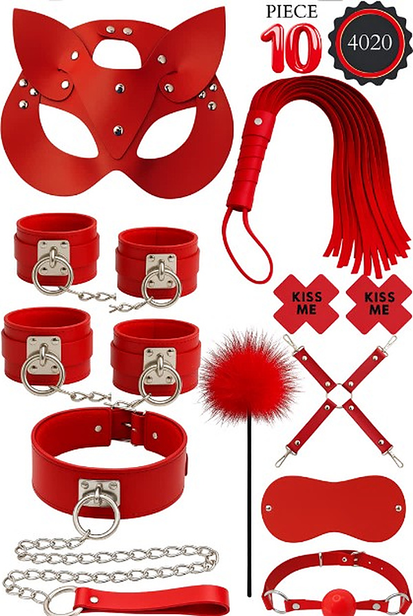 10 Parça Kedi Maskeli Tüylü Fantezi Set - Kırmızı