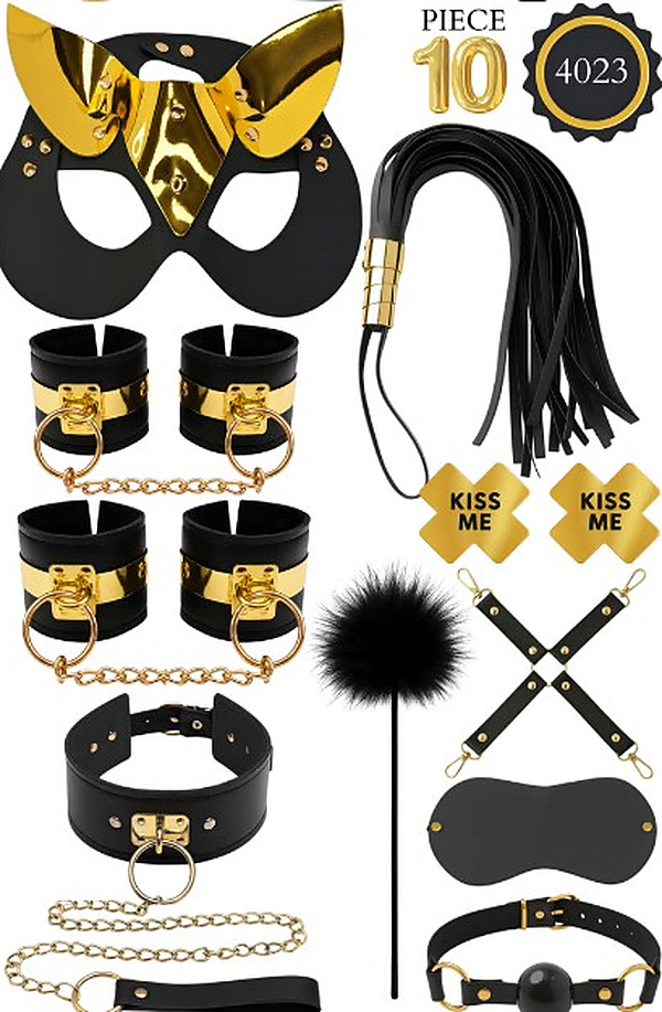 10 Parça Altın Tokalı Kedi Maskeli Fantezi Set - Siyah-Altın