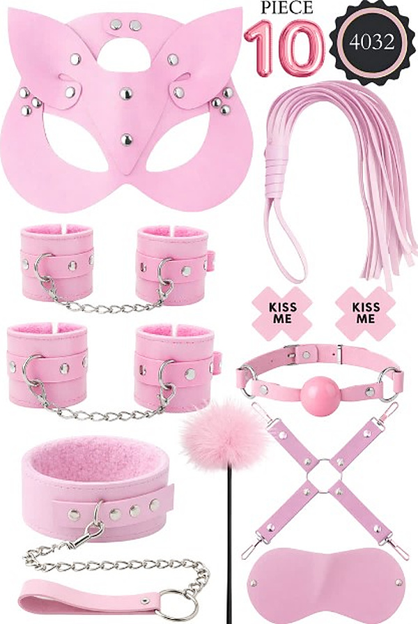 10 Parça Kedi Maskeli Tüylü Fantezi Set - Pembe