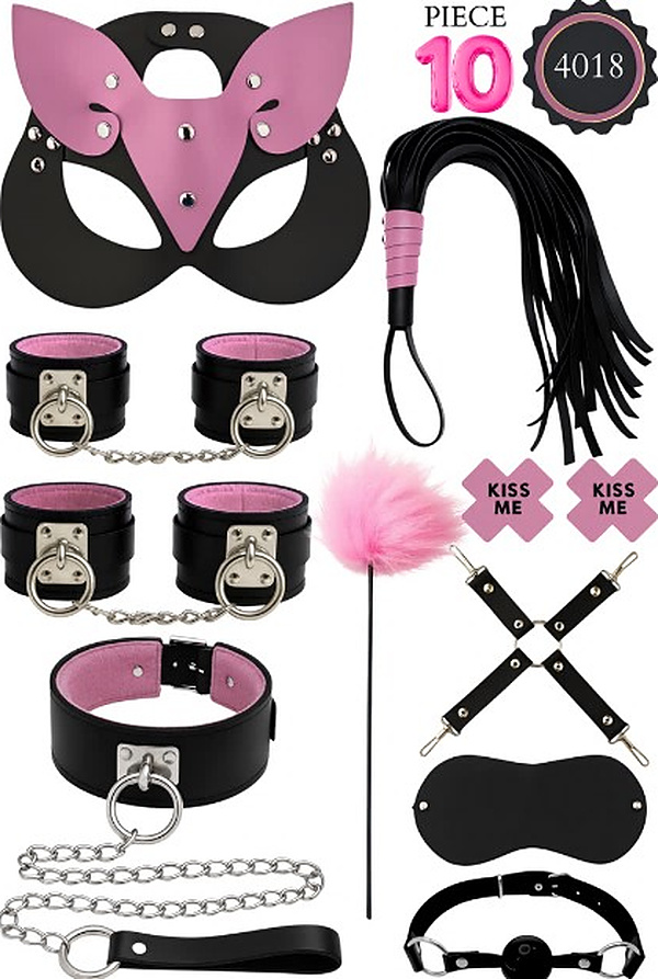 10 Parça Kedi Maskeli Tüylü Fantezi Set - Siyah-Pembe
