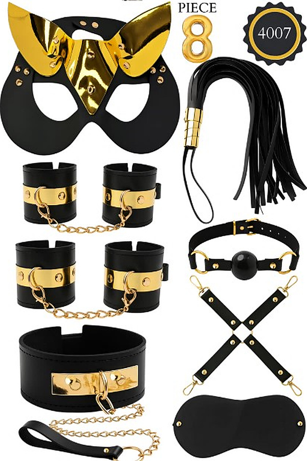 8 Parça Altın Detaylı Kedi Maskeli Fantezi Set - Siyah-Altın