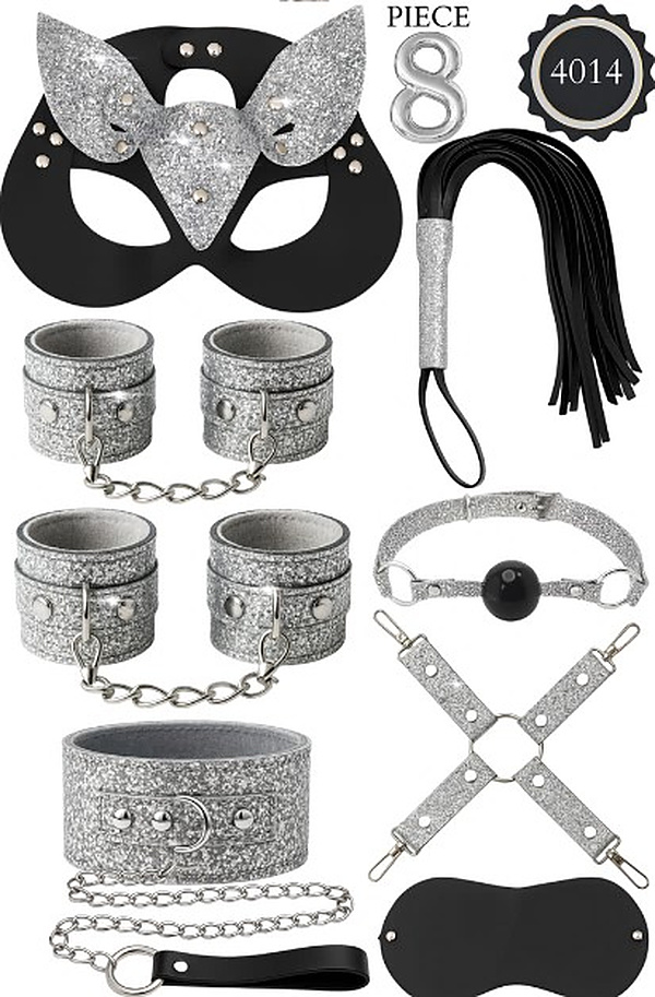 8 Parça Simli Kedi Maskeli Fantezi Set - Gümüş Simli