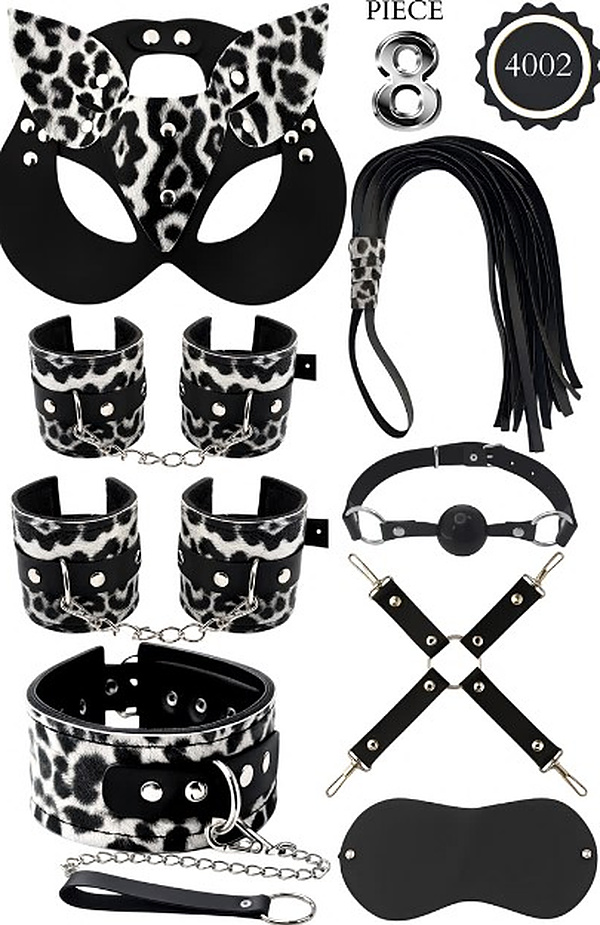 8 Parça Leopar Desenli Kedi Maskeli Fantezi Set - Siyah-Beyaz Leopar