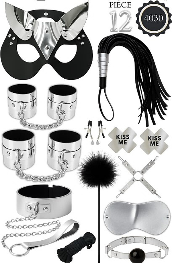 12 Parça Metalik Kedi Maskeli Fantezi Set - Gümüş