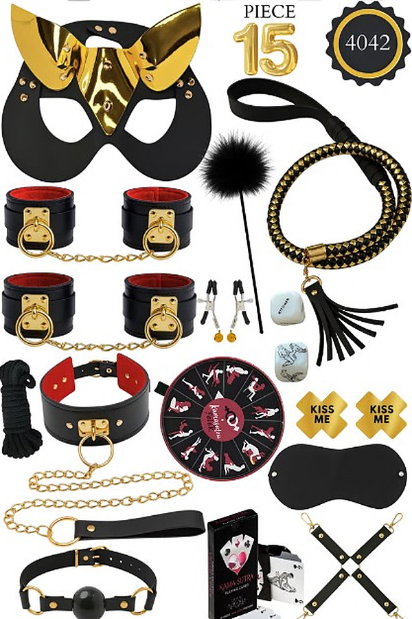 15 Parça Altın Detaylı Kedi Maskeli Oyunlu Fantezi Set - Siyah-Altın