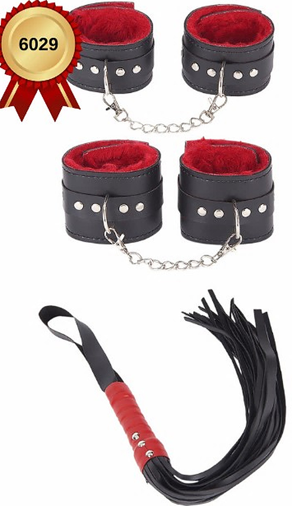 Peluş El-Ayak Kelepçe ve Kırbaç Seti - Siyah-Kırmızı