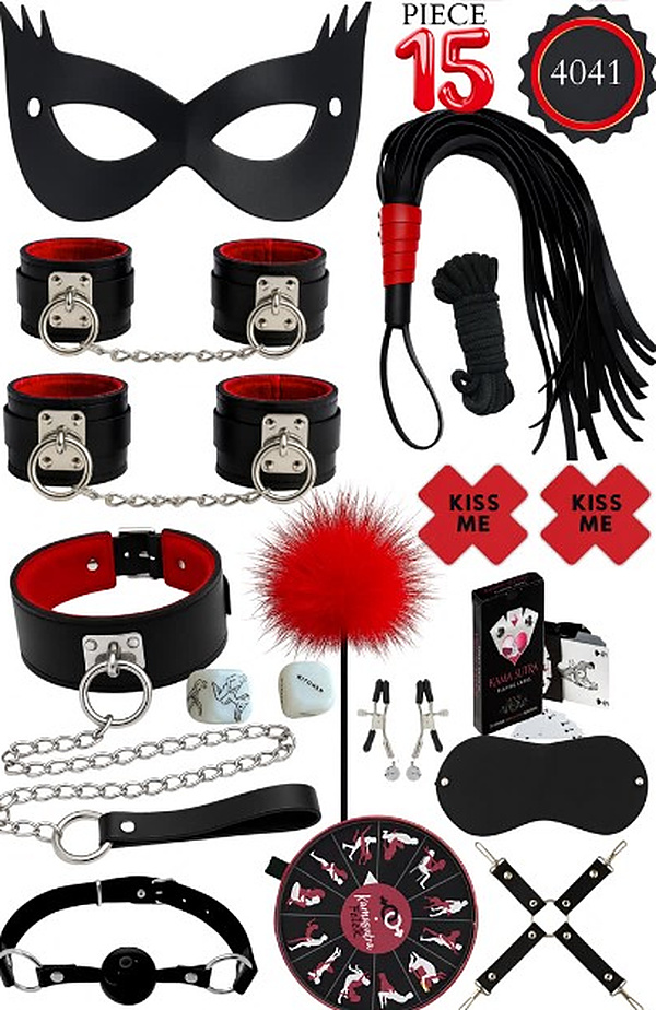 15 Parça Kedi Kadın Maskeli Oyunlu Fantezi Set - Siyah-Kırmızı