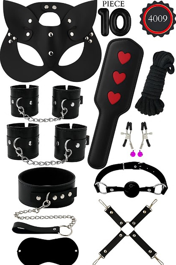 10 Parça Kedi Maskeli Şaplaklı Fantezi Set - Siyah