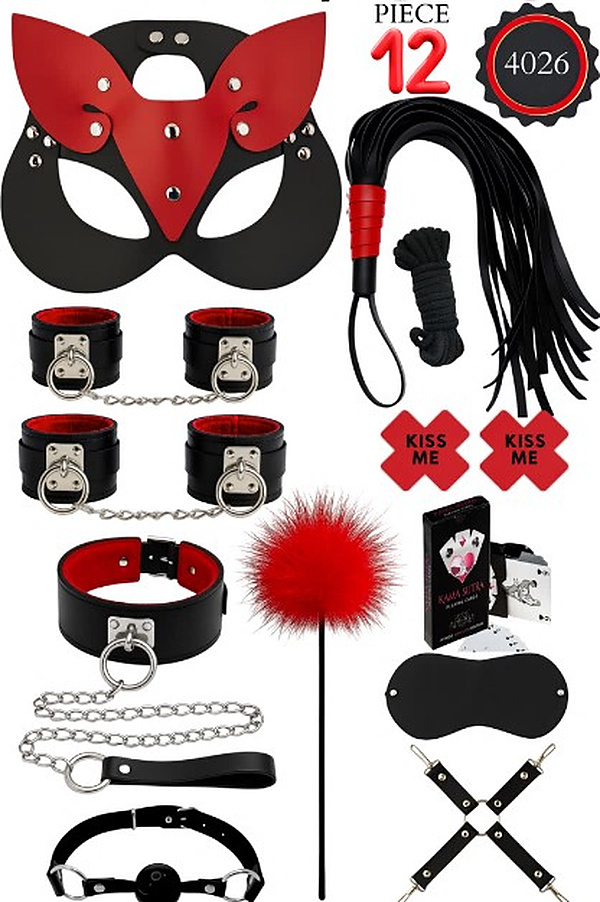 12 Parça Kedi Maskeli Oyun Kartlı Fantezi Set - Siyah-Kırmızı