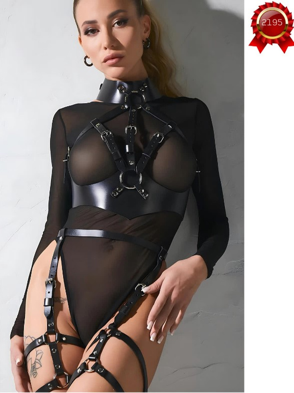 Dik Yakalı Tül Harness Body - Siyah
