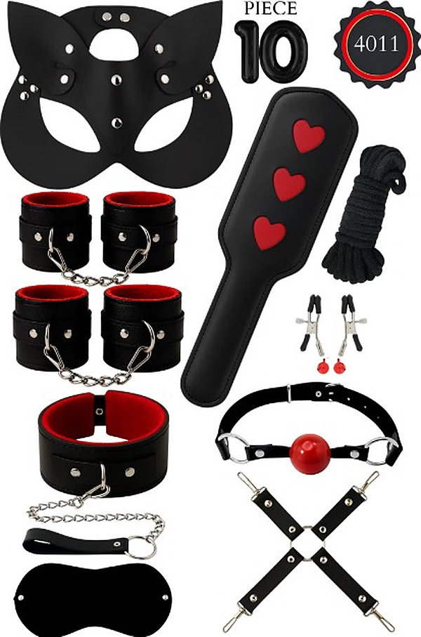 10 Parça Kedi Maskeli Şaplaklı Fantezi Set - Siyah-Kırmızı
