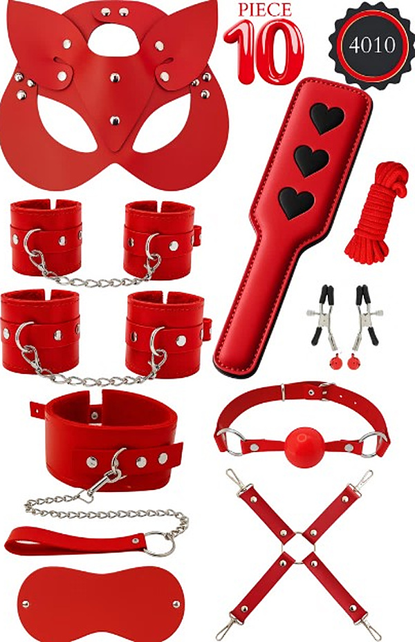 10 Parça Kedi Maskeli Şaplaklı Fantezi Set - Kırmızı