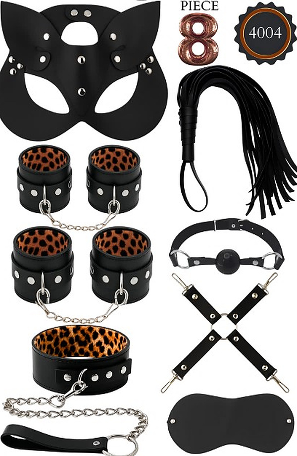 8 Parça Leopar Astarlı Kedi Maskeli Fantezi Set - Siyah-Leopar