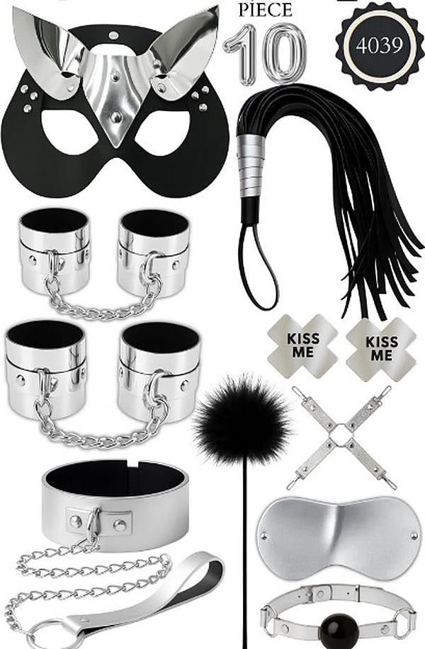 10 Parça Metalik Kedi Maskeli Fantezi Set - Gümüş