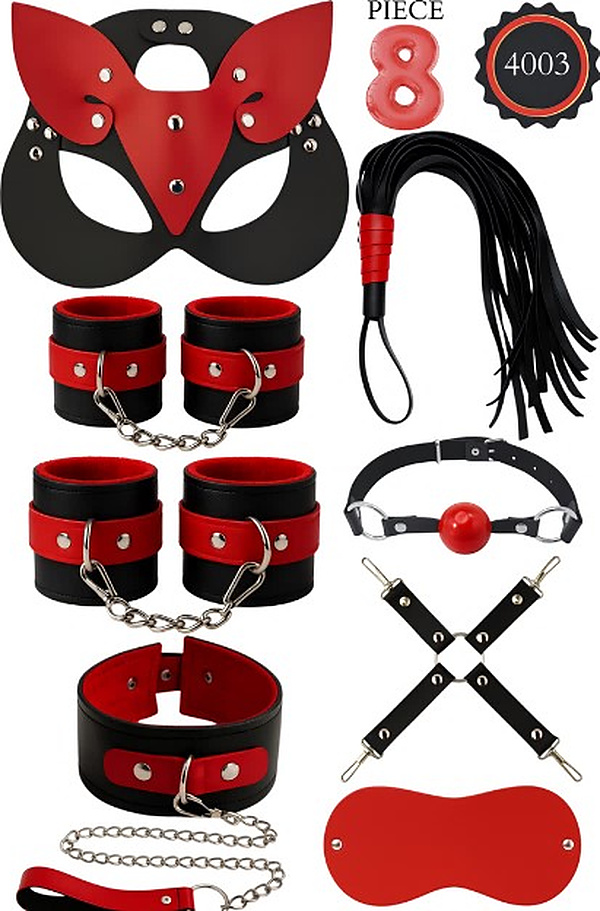 8 Parça Kedi Maskeli Fantezi Set - Kırmızı-Siyah