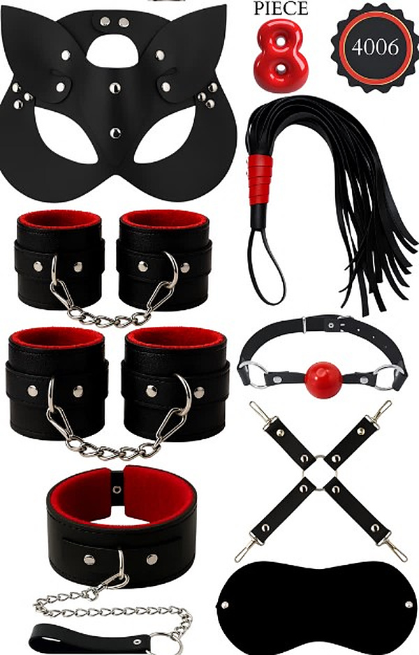 8 Parça Kırmızı Astarlı Kedi Maskeli Fantezi Set - Siyah-Kırmızı