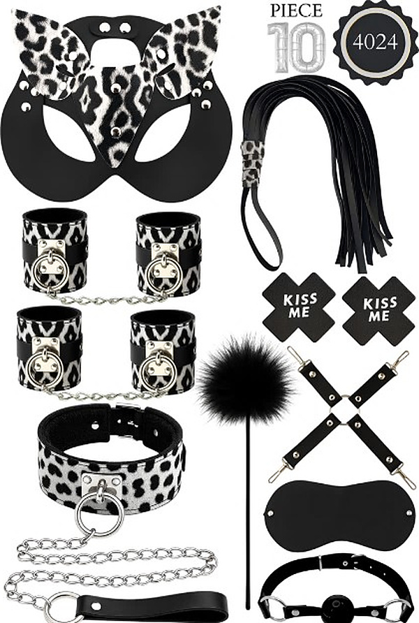 10 Parça Leopar Desenli Kedi Maskeli Fantezi Set - Siyah-Beyaz Leopar
