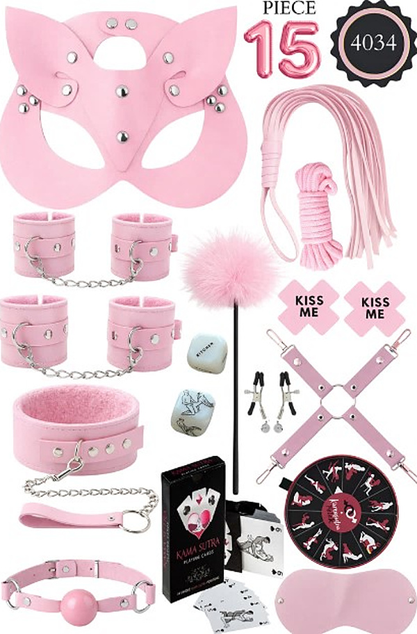 15 Parça Kedi Maskeli Oyunlu Fantezi Set - Pembe