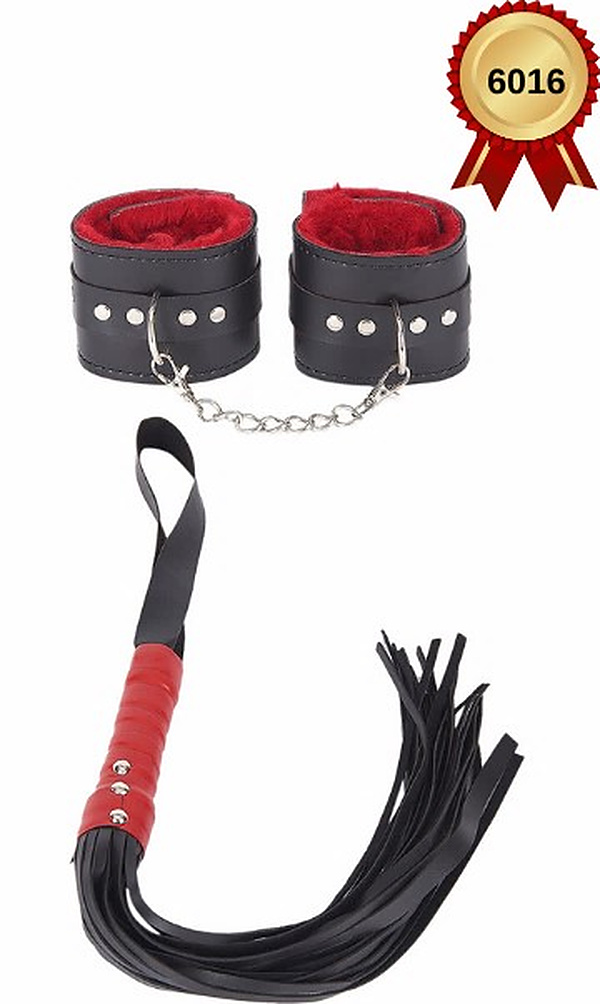 Peluş Kelepçe ve Kırbaç Seti - Siyah-Kırmızı