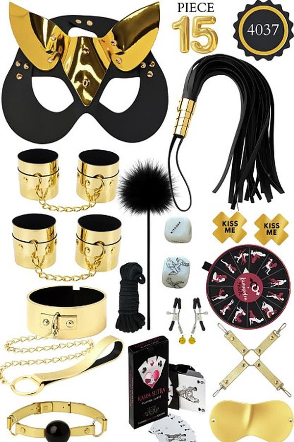 15 Parça Metalik Kedi Maskeli Oyunlu Fantezi Set - Altın
