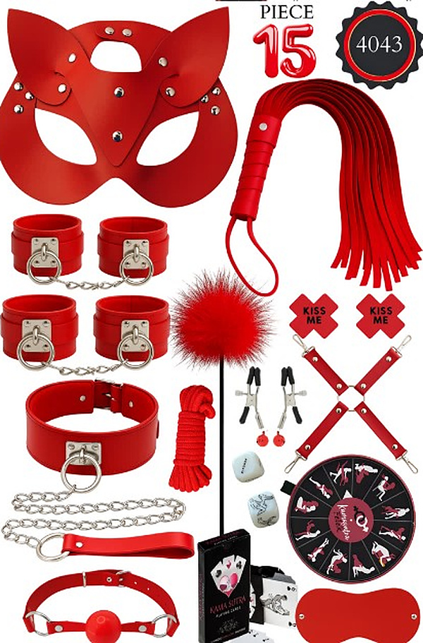 15 Parça Kedi Maskeli Oyunlu Fantezi Set - Kırmızı