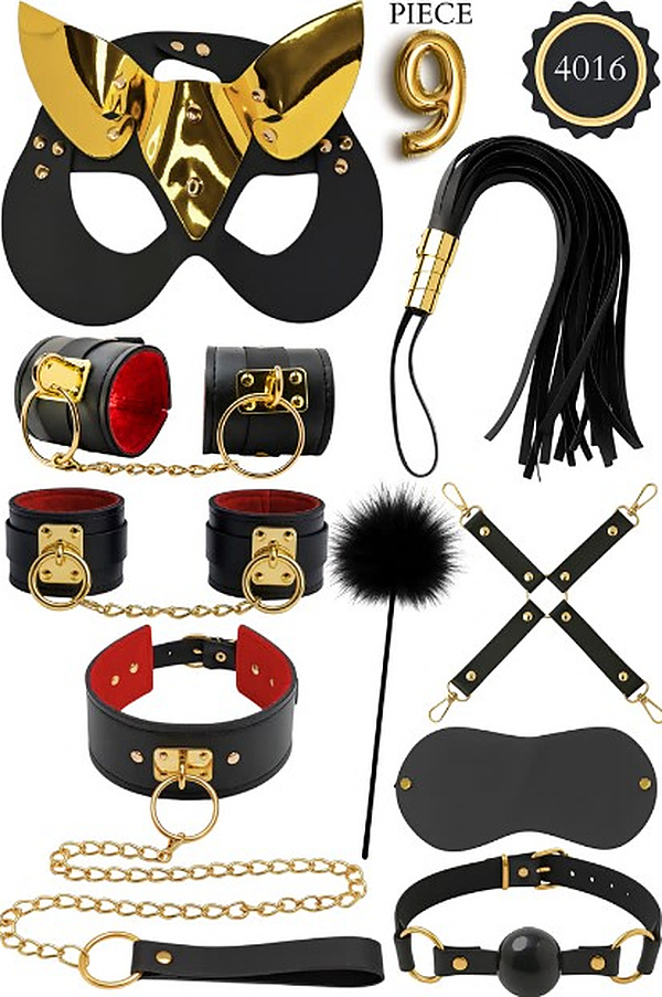 9 Parça Altın Detaylı Kedi Maskeli Fantezi Set - Siyah-Altın
