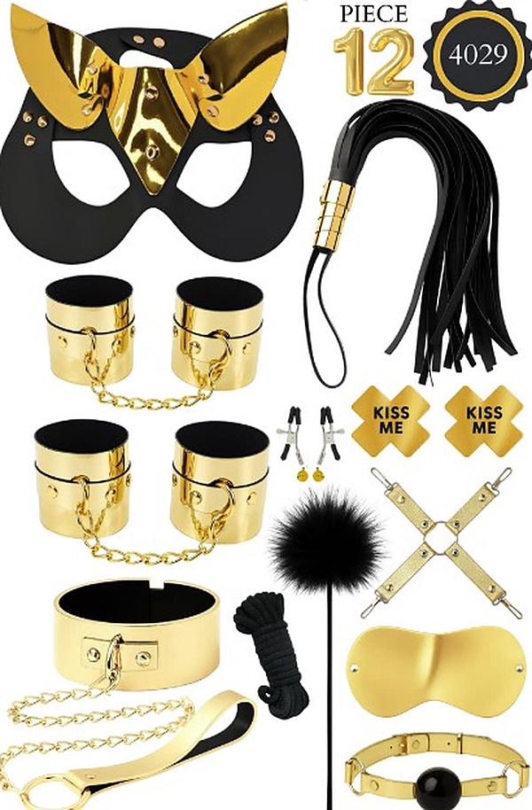 12 Parça Metalik Kedi Maskeli Fantezi Set - Altın
