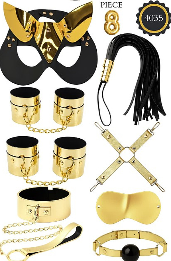 8 Parça Metalik Kedi Maskeli Fantezi Set - Altın