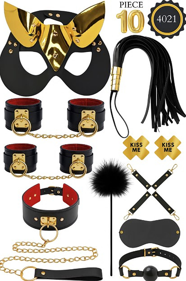 10 Parça Altın Halkalı Kedi Maskeli Fantezi Set - Siyah-Altın