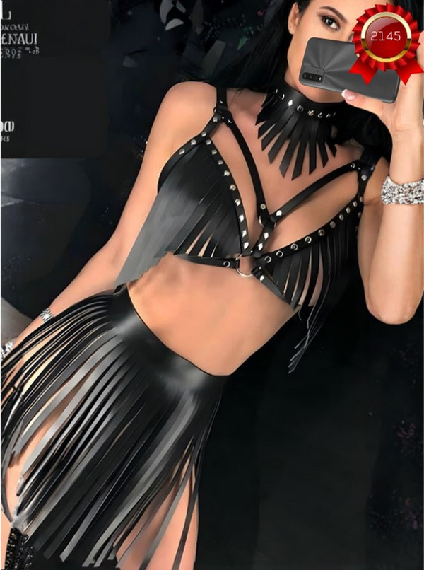 Zımbalı Püsküllü Harness Takım - Siyah
