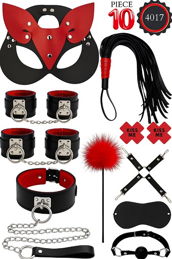 10 Parça Kedi Maskeli Tüylü Fantezi Set - Siyah-Kırmızı