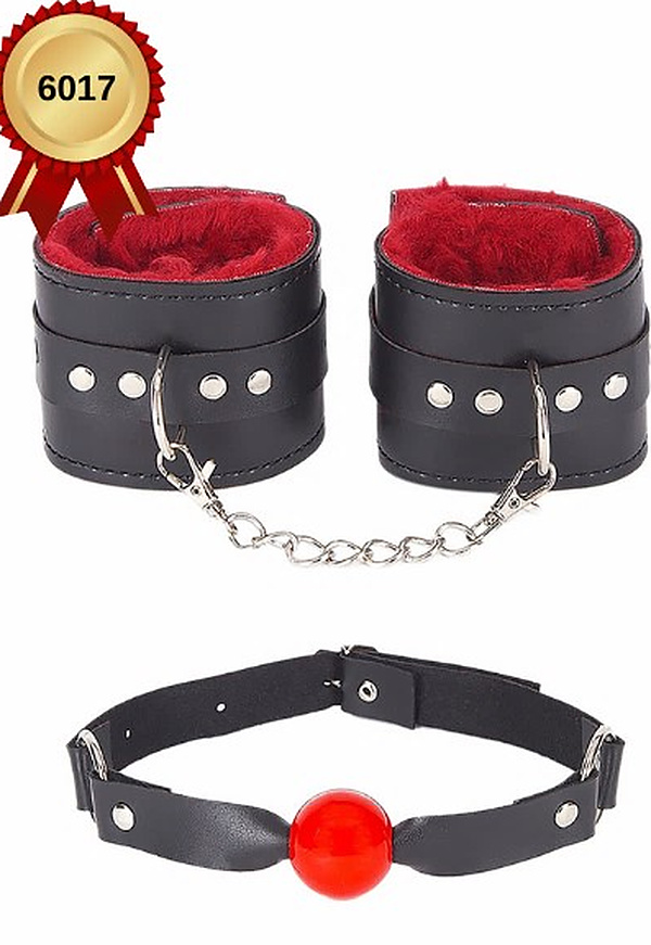 Peluş Kelepçe ve Ağız Topu Seti - Siyah-Kırmızı