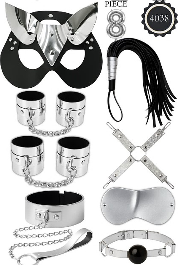 8 Parça Metalik Kedi Maskeli Fantezi Set - Gümüş