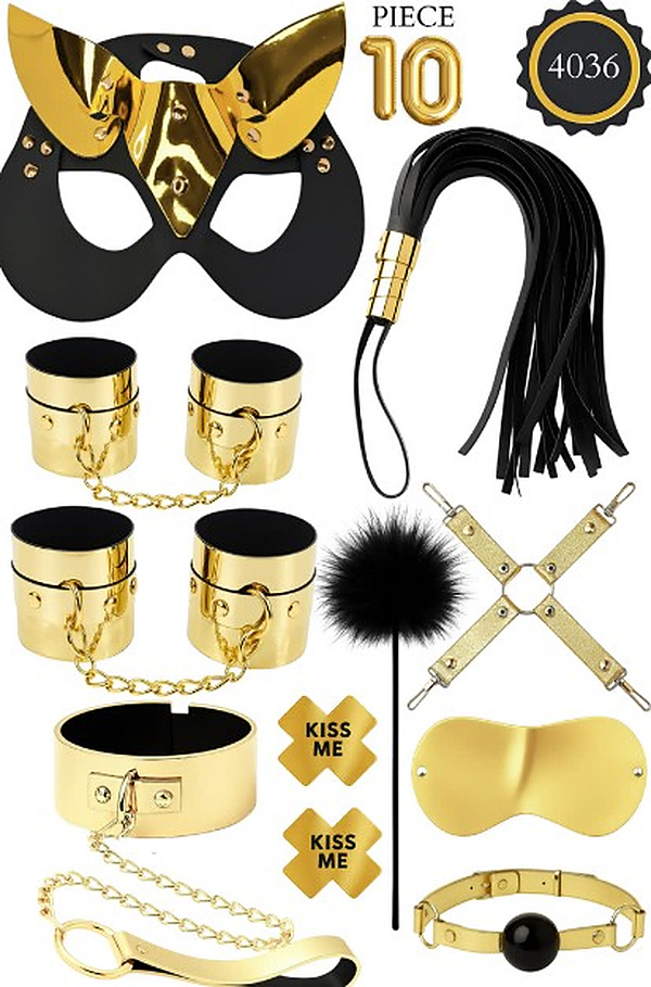 10 Parça Metalik Kedi Maskeli Fantezi Set - Altın