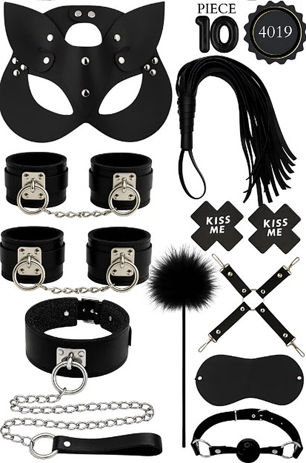 10 Parça Kedi Maskeli Tüylü Fantezi Set - Siyah