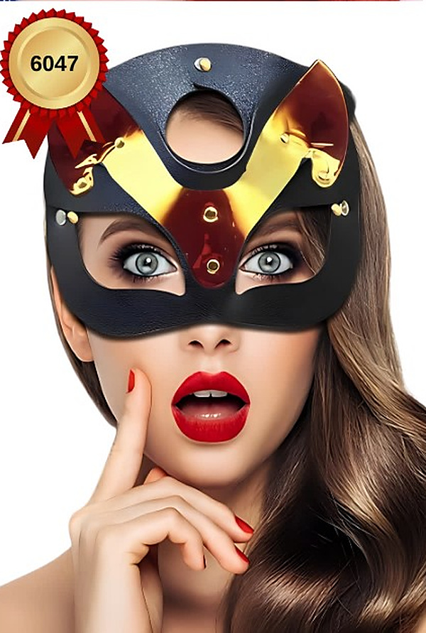 Metalik Kulaklı Deri Kedi Maske - Siyah-Altın