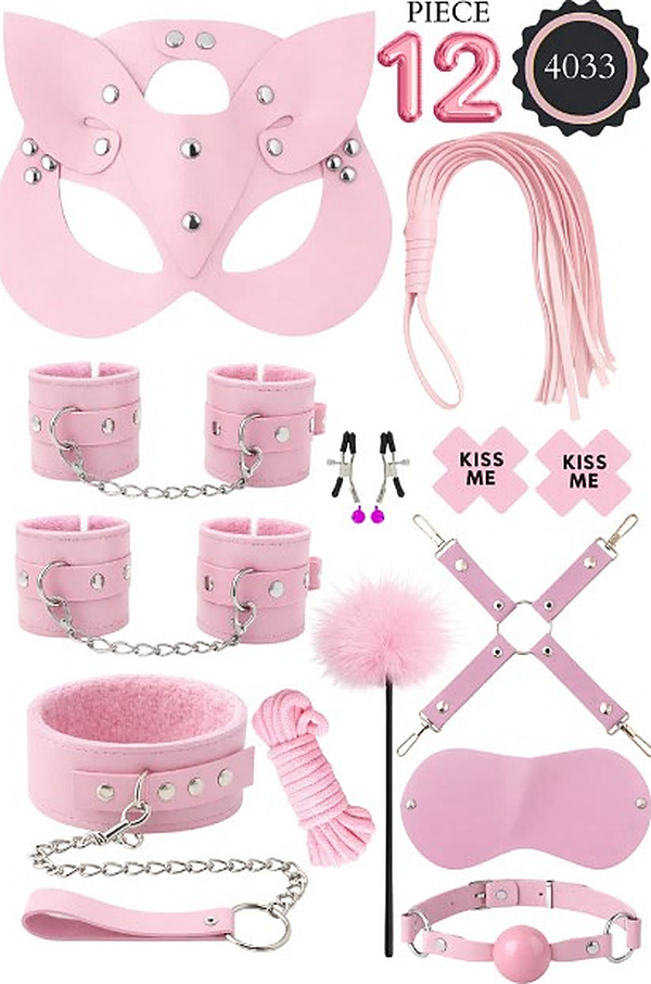 12 Parça Kedi Maskeli Fantezi Set - Pembe