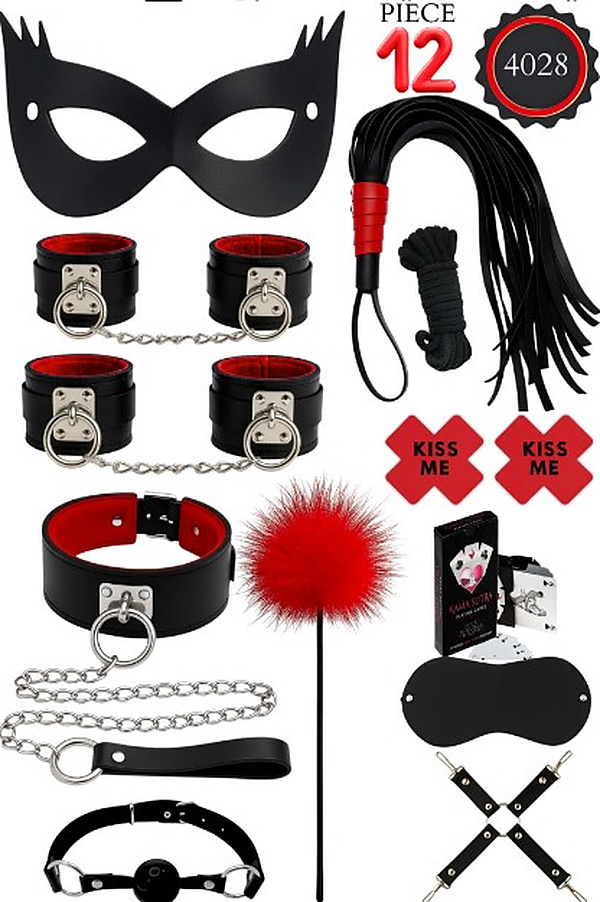 12 Parça Kedi Kadın Maskeli Oyun Kartlı Fantezi Set - Siyah-Kırmızı