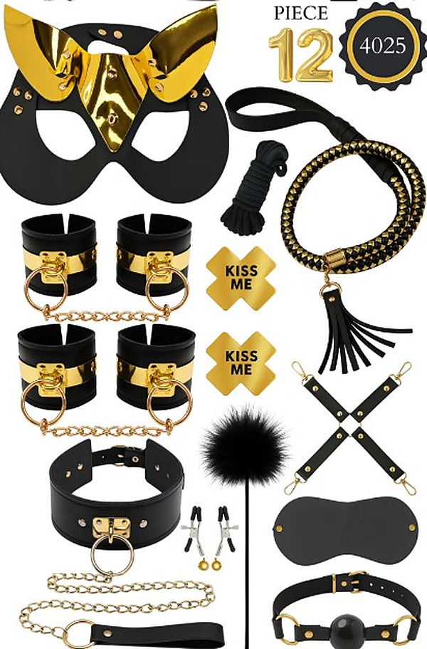 12 Parça Altın Tokalı Kedi Maskeli Fantezi Set - Siyah-Altın