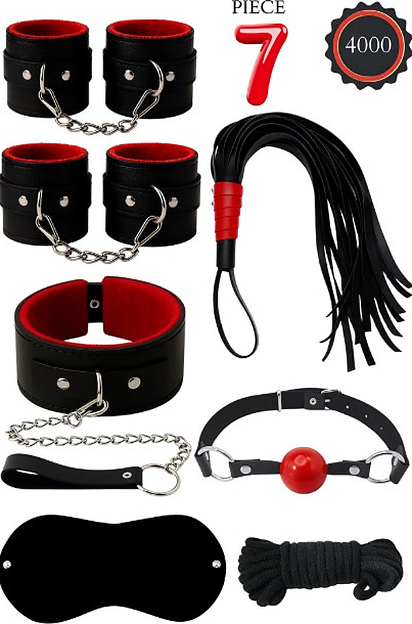 7 Parça Kelepçeli Fantezi Set - Siyah-Kırmızı