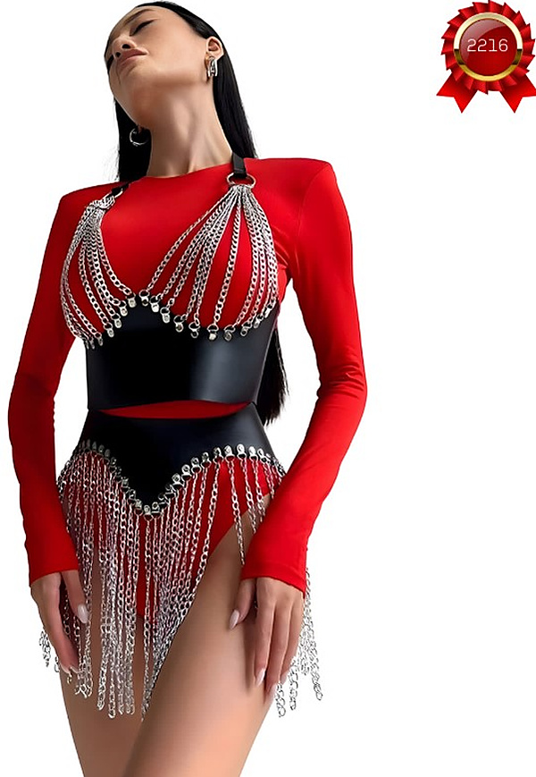 Zincir Püsküllü Göğüs ve Bel Harness - Gümüş-Siyah