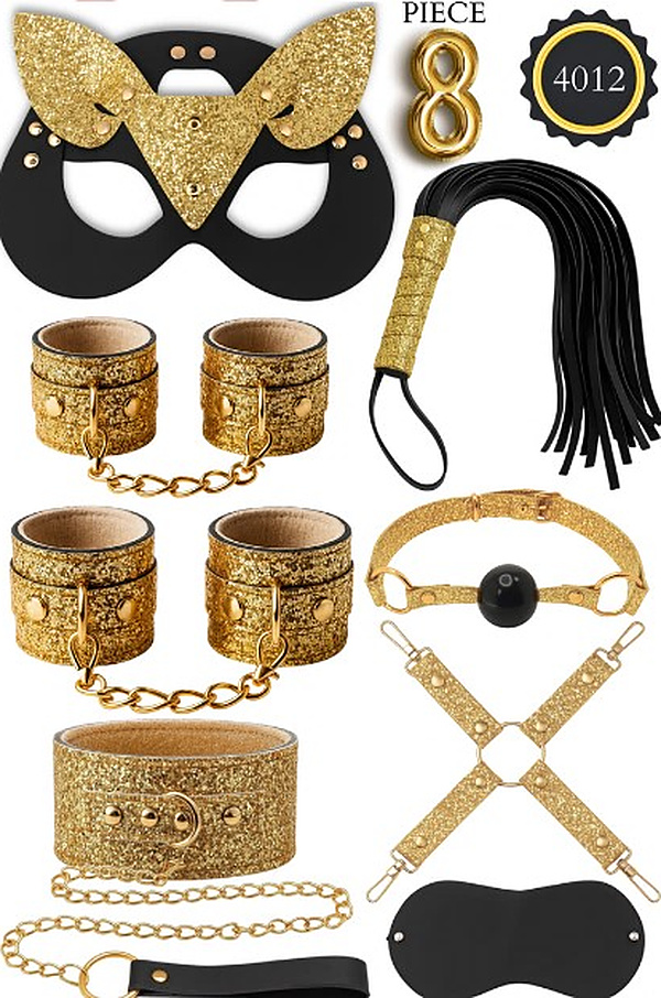 8 Parça Simli Kedi Maskeli Fantezi Set - Altın Simli