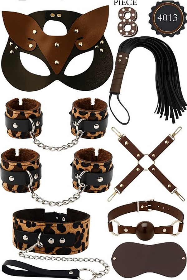 8 Parça Leopar Desenli Kedi Maskeli Fantezi Set - Kahverengi-Leopar
