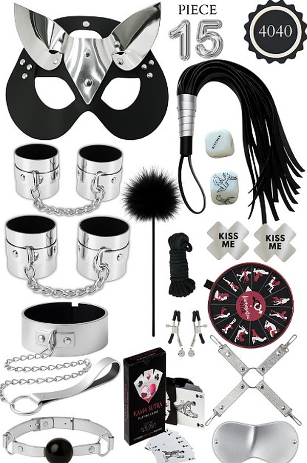 15 Parça Metalik Kedi Maskeli Oyunlu Fantezi Set - Gümüş