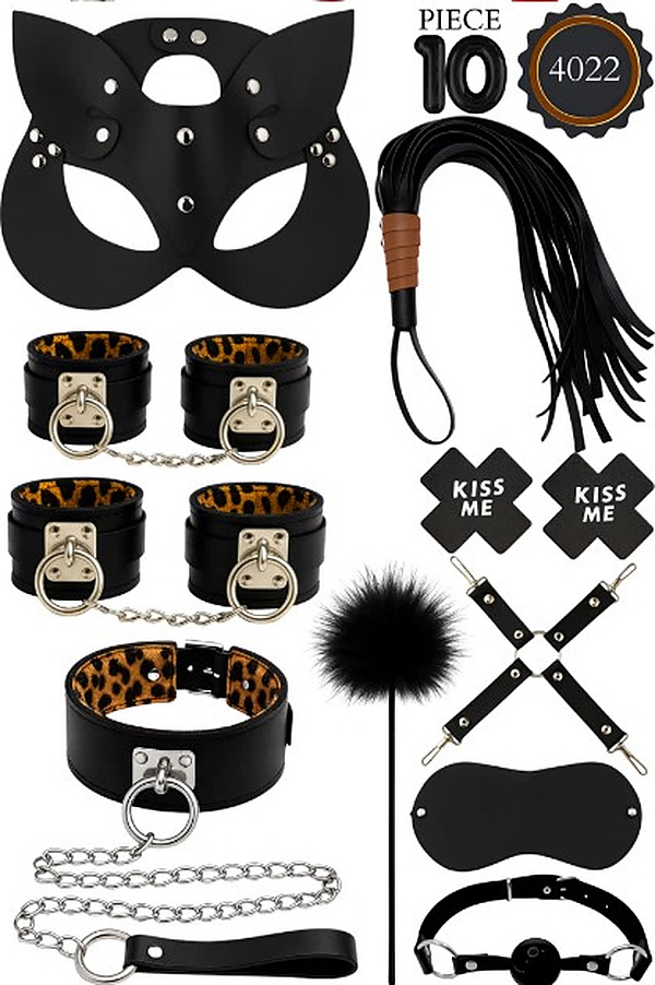 10 Parça Leopar Astarlı Kedi Maskeli Fantezi Set - Siyah-Leopar