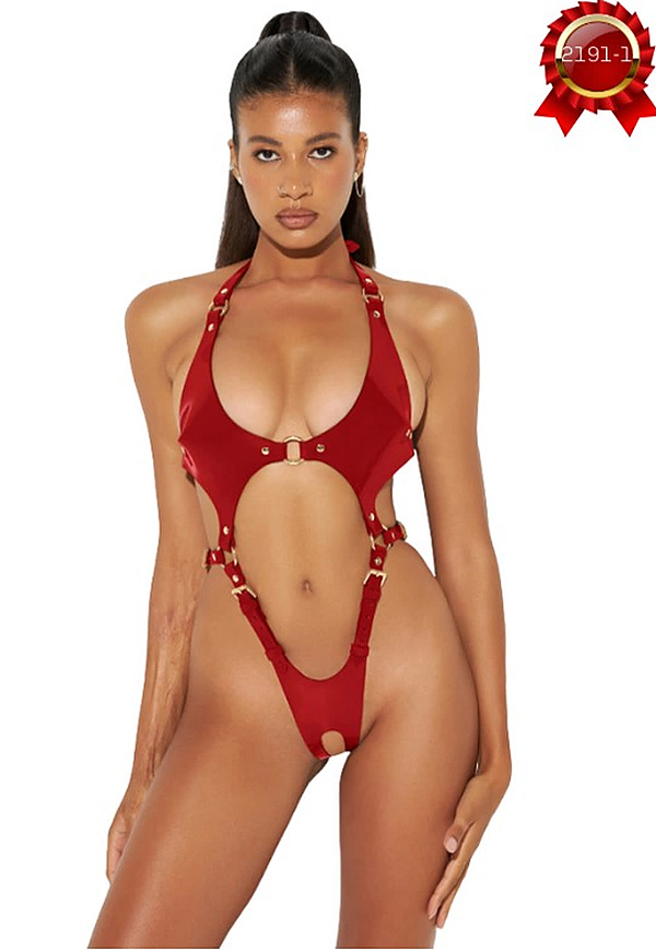 Dekolte Kesimli Deri Body - Kırmızı