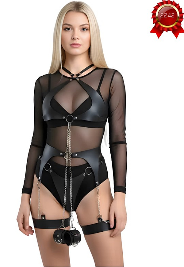 Tül Kollu Harness Body - Siyah
